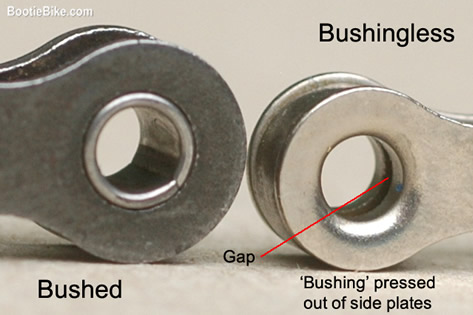 close up of bushed chain compared to bushingless chain